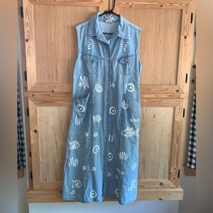 Magic VINTAGE denim fish/turtle/shells Lagen look artsy overall jumper dress 1X